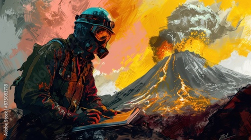 A scientist observing and documenting an erupting volcano, wearing protective gear and surrounded by intense volcanic activity.