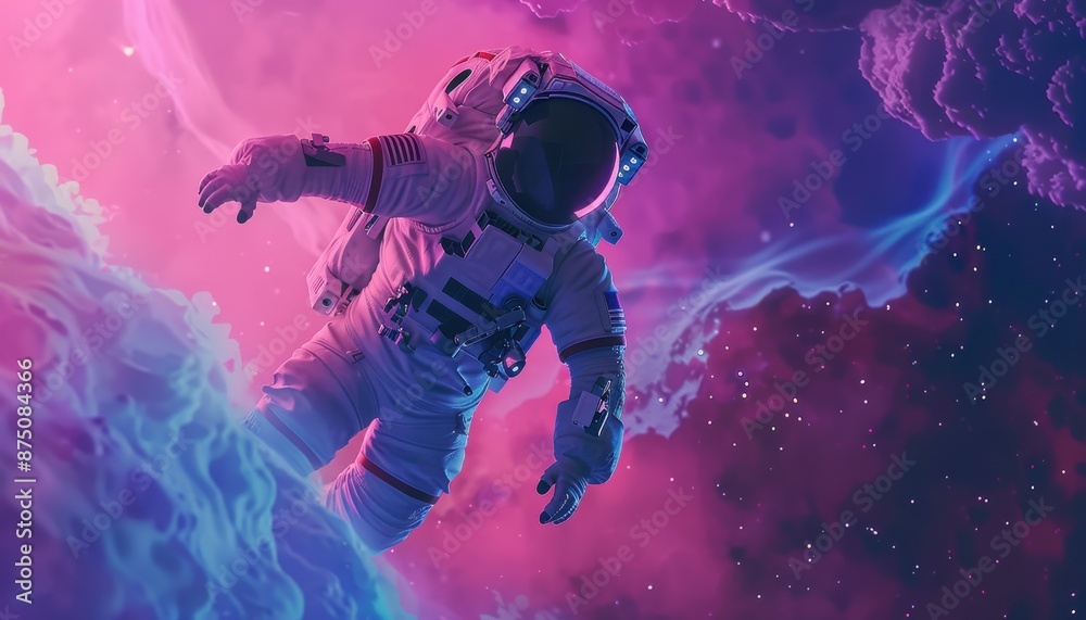 Astronaut floating in colorful outer space with neon lights and cosmic dust, representing exploration and adventure beyond Earth. Astronaut floating in colorful outer space with neon lights and cosmic dust, representing exploration and adventure beyond Earth.