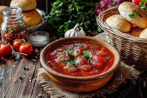 Traditional ukrainian borscht served with fresh bread