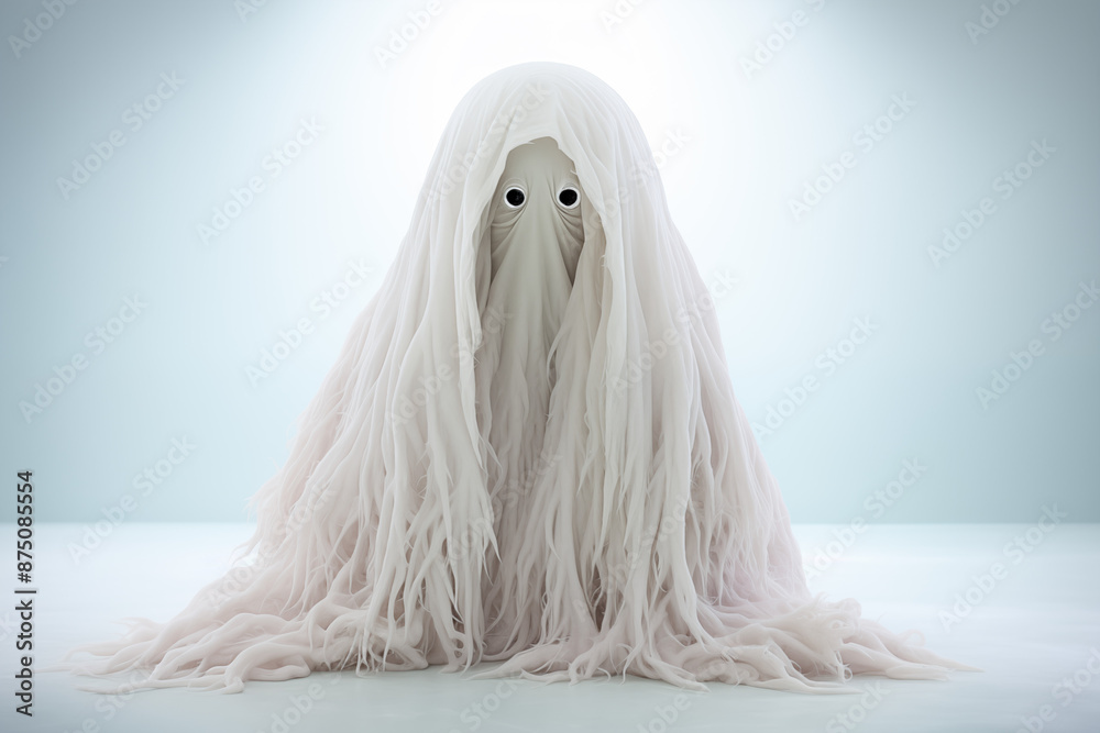 A young man dressed as a creature for Halloween standing in front of an isolated background