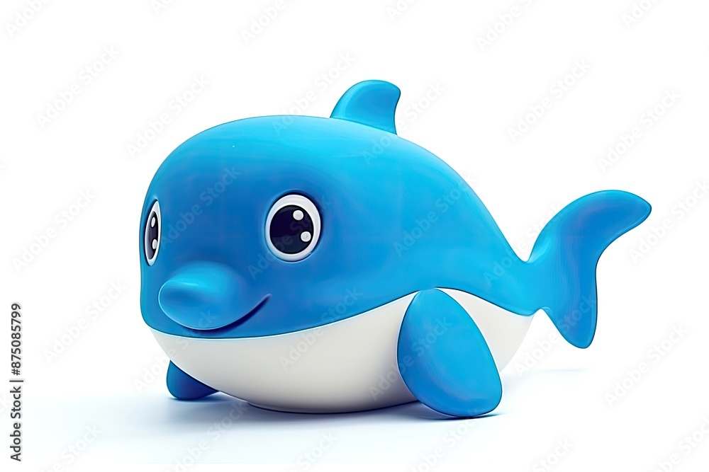A blue plastic dolphin toy with white belly and big eyes. A blue plastic dolphin toy with white belly and big eyes.