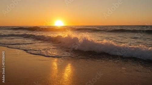  the sun is setting over the ocean as waves crash on the shore of the beach,