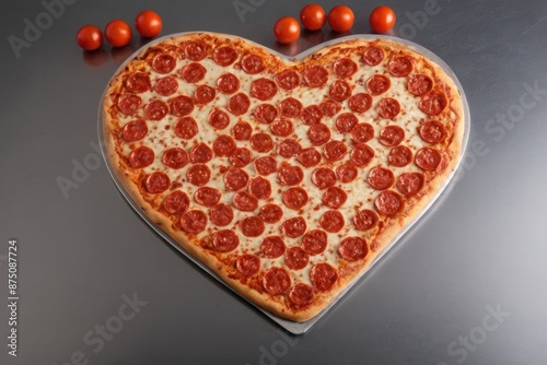  a heart shaped pizza with pepperoni and tomatoes on a metal surface next to cherry tomatoes,