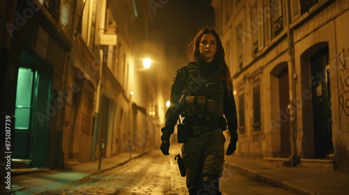 brunette walking alone, wearing swat uniform, in the middle of an empty street, french village, at night, cinematic light, wide shot, large shot, full body