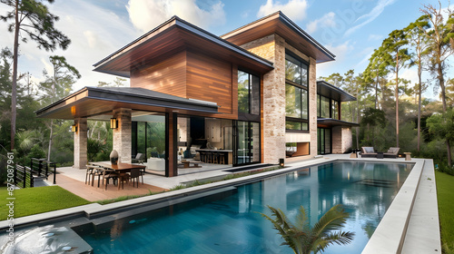 Modern house exterior with pool, wood and stone daylight © Manzoor