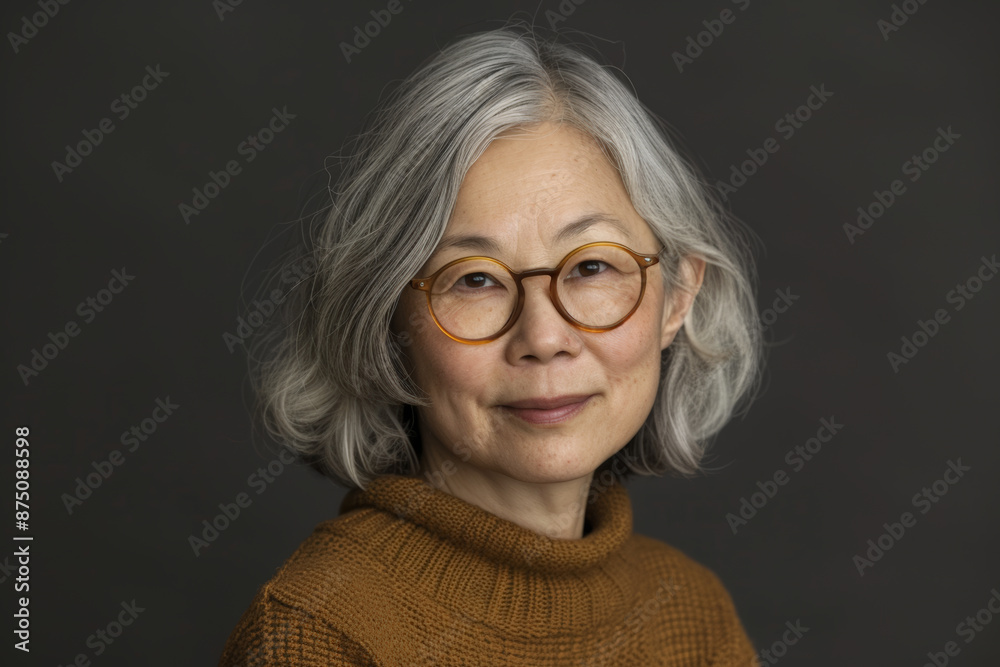 Close-up portrait of middle aged woman of Asian descent, studio photo, against a sleek gray studio backdrop Close-up portrait of middle aged woman of Asian descent, studio photo, against a sleek gray studio backdrop