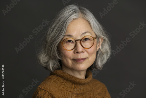 Close-up portrait of middle aged woman of Asian descent, studio photo, against a sleek gray studio backdrop