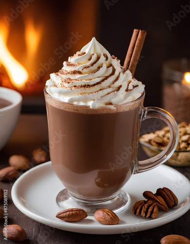  hot chocolate drink with whipped cream and nuts on the table, hot cocoa drink