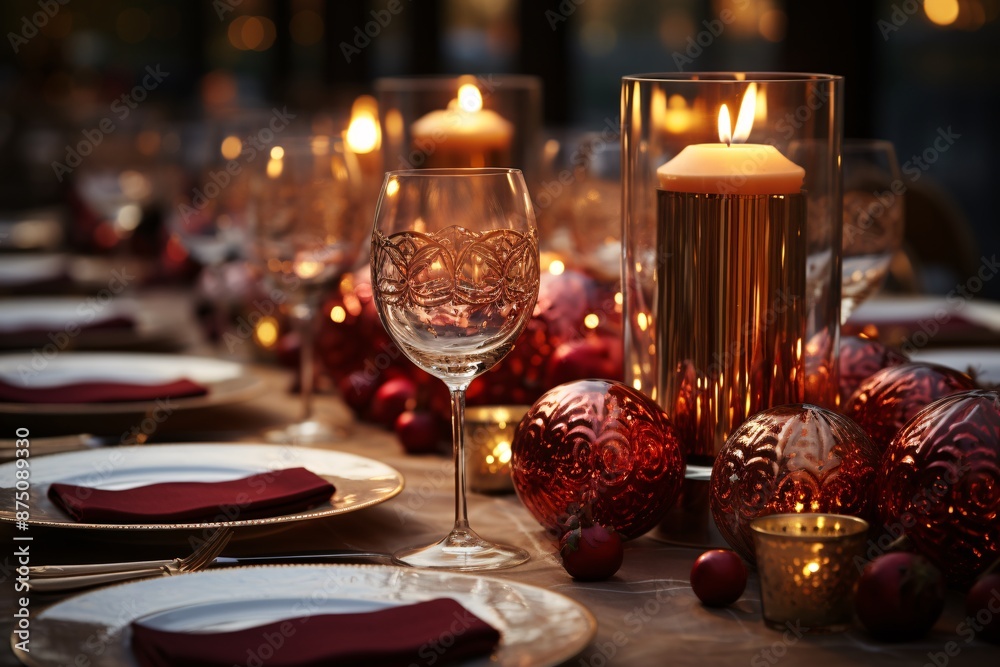 Elegant holiday table setting with candles, wine glasses, and red decorations. Elegant holiday table setting with candles, wine glasses, and red decorations.