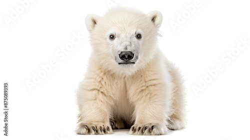 Cute polar bear cub sitting down and looking at the camera with a curious expression on its face. It has fluffy white fur and big black eyes. © Nurlan