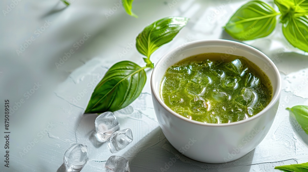 Green tea cocktail. Matcha with ice cubes in a white porcelain cup, minimalist style. Green tea cocktail. Matcha with ice cubes in a white porcelain cup, minimalist style.