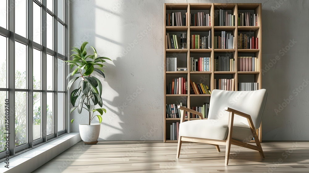 Bright modern minimalist living room with armchair and bookshelf. Bright modern minimalist living room with armchair and bookshelf.