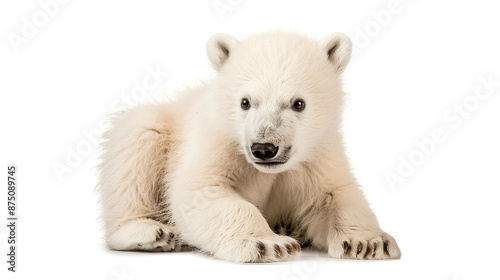 Cute polar bear cub lying down and looking at the camera with a curious expression on its face. It has thick white fur and black eyes and nose.