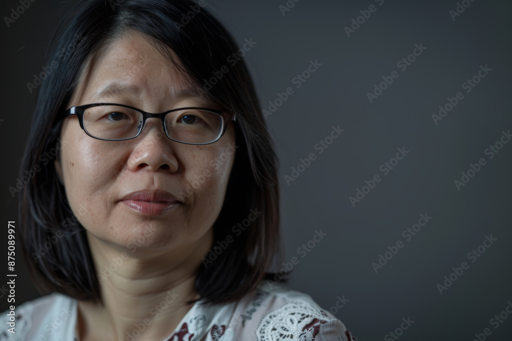 Close-up portrait of elderly woman of Asian descent, studio photo, against a sleek gray studio backdrop
