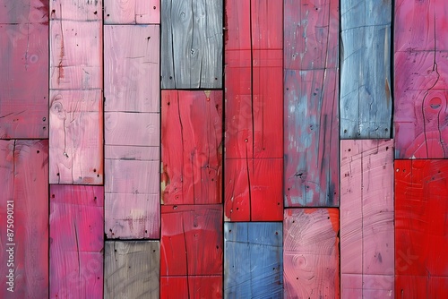 Abstract colorful wooden background with textured color blocks, oil painting in retro style, featuring red and pink wall cladding. photo