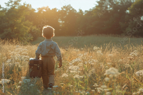 Homeless poor sad child kid in city park ruined town forest lawn all alone, Generative AI lost child photo