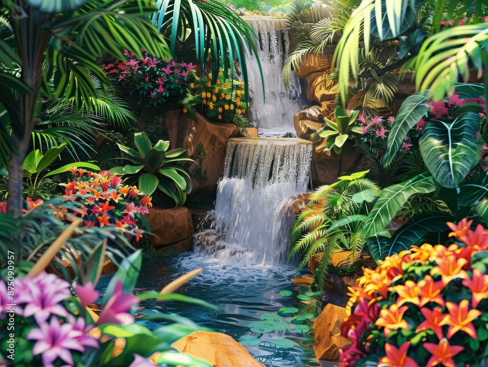 hidden waterfall in lush tropical rainforest paradise - serene nature landscape