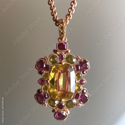 A necklace with a yellow stone in the middle and red photo