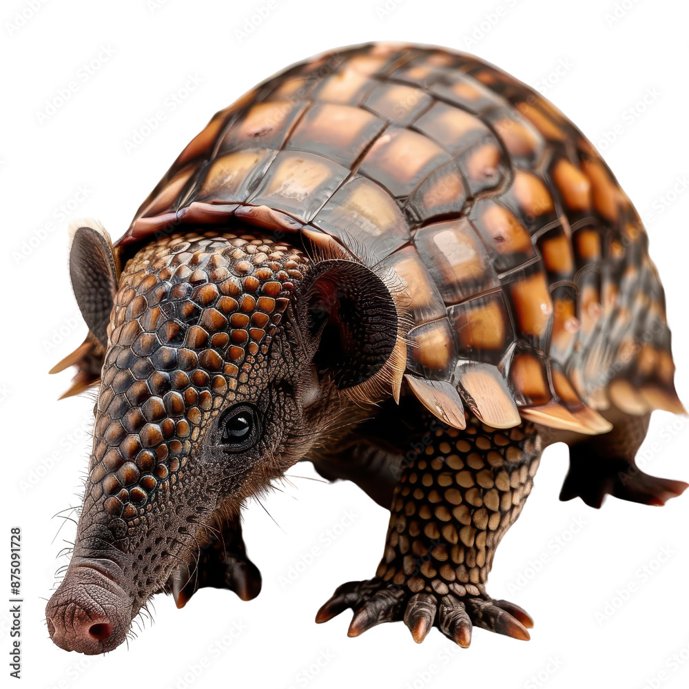 Fototapeta premium Close-up of a detailed armadillo with patterned shell, showcasing intricate scales and natural texture. Perfect for wildlife and nature photography.