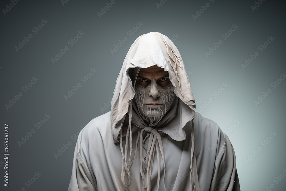 A man dressed as a grim reaper for Halloween standing in front of a isolated background A man dressed as a grim reaper for Halloween standing in front of a isolated background