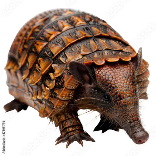 Close-up of an armadillo with detailed armor plating and unique markings on a white background. photo