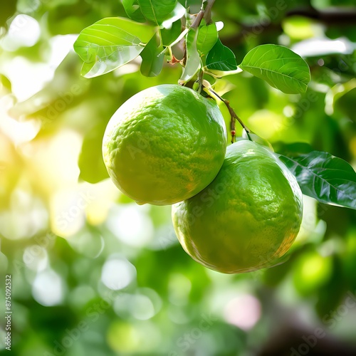 Wallpaper Mural Green pomelo fruit hanging on tree branches blurry background, AI Generated Torontodigital.ca