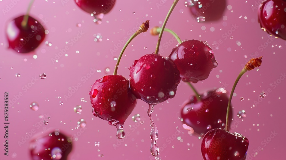 Pieces of ripe cherries falling in the air, water droplets floating around, light burgundy background, splash Pieces of ripe cherries falling in the air, water droplets floating around, light burgundy background, splash