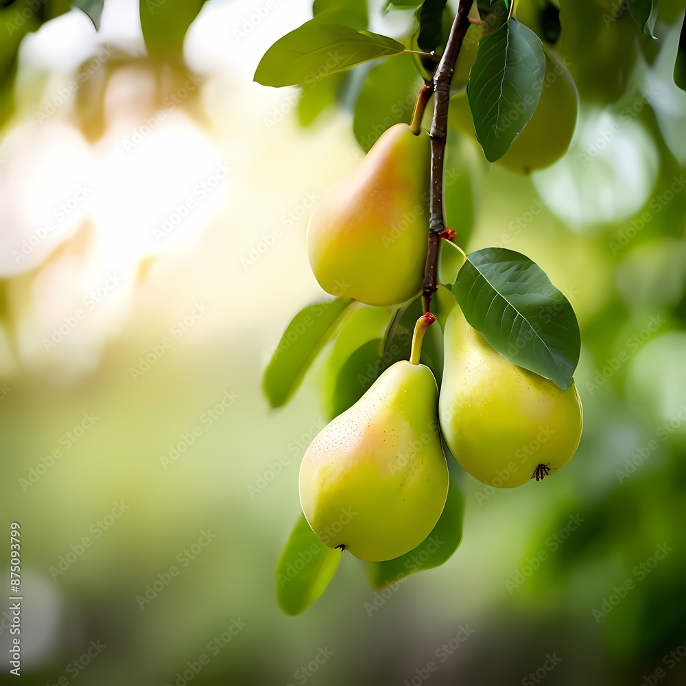 Obraz premium Pears hanging on a tree with green leaves with sunlight and a blurry background, AI generated