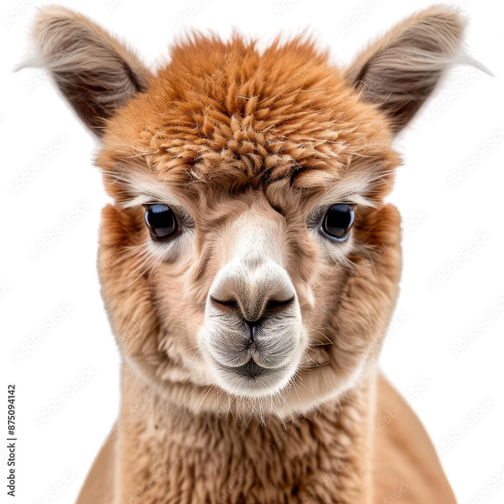 Obraz premium Close-up of an adorable llama with soft brown fur and alert eyes, perfectly capturing the cuteness of this gentle animal.