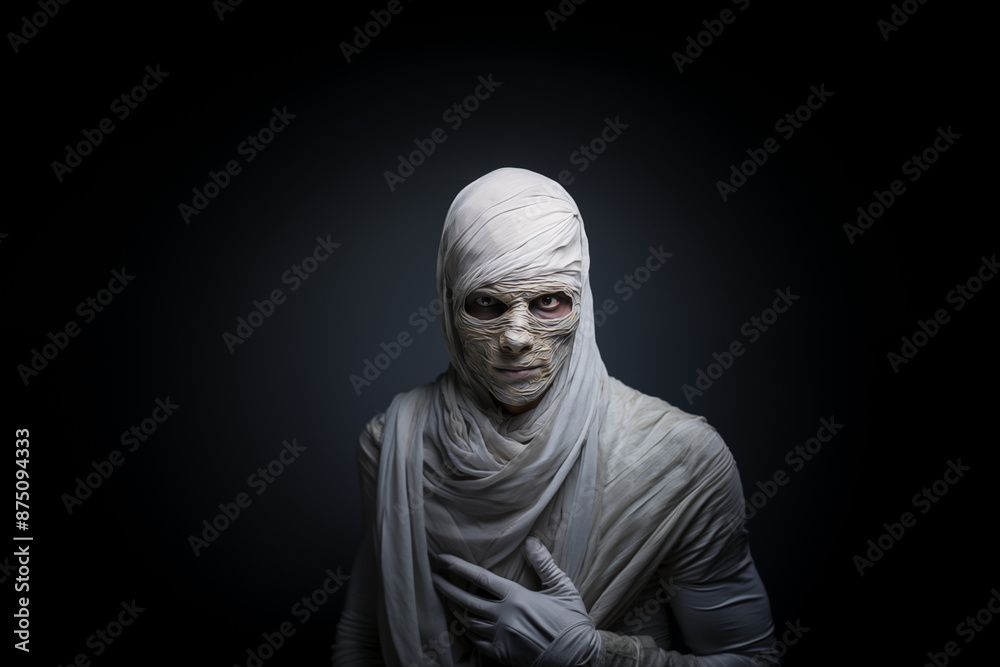 A young man dressed as a Mummy for Halloween standing in front of a white isolated background A young man dressed as a Mummy for Halloween standing in front of a white isolated background
