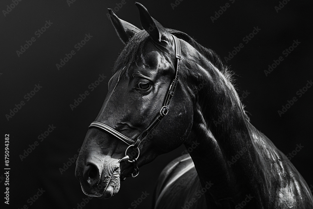 Beautiful horse portrait on a black background, in black and white ...