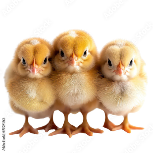 Three adorable yellow chicks standing in a row, showcasing their fluffy feathers and curious expressions, isolated on a white background. photo