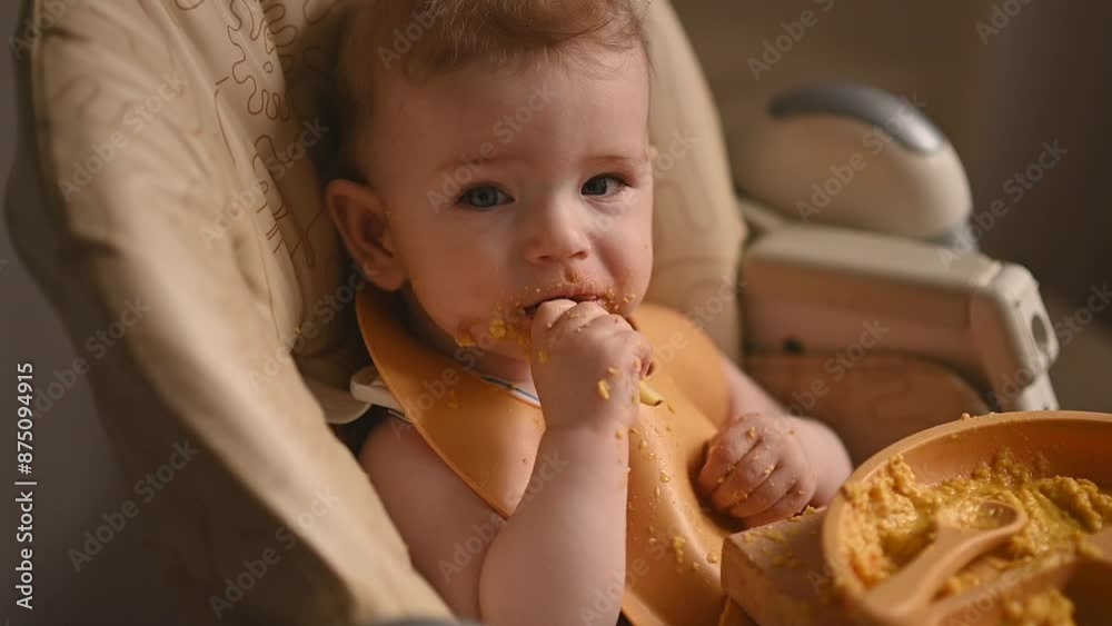A cute baby boy, 9 months old, eats porridge, he sits on a high chair, all dirty, with a spoon in his hand. baby's first feeding concept. A cute baby boy, 9 months old, eats porridge, he sits on a high chair, all dirty, with a spoon in his hand. baby's first feeding concept.