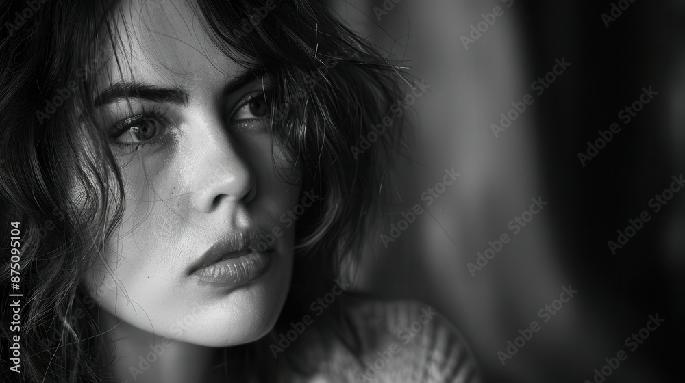 Portrait of a woman with a pensive expression on her face, black and white drawing Portrait of a woman with a pensive expression on her face, black and white drawing