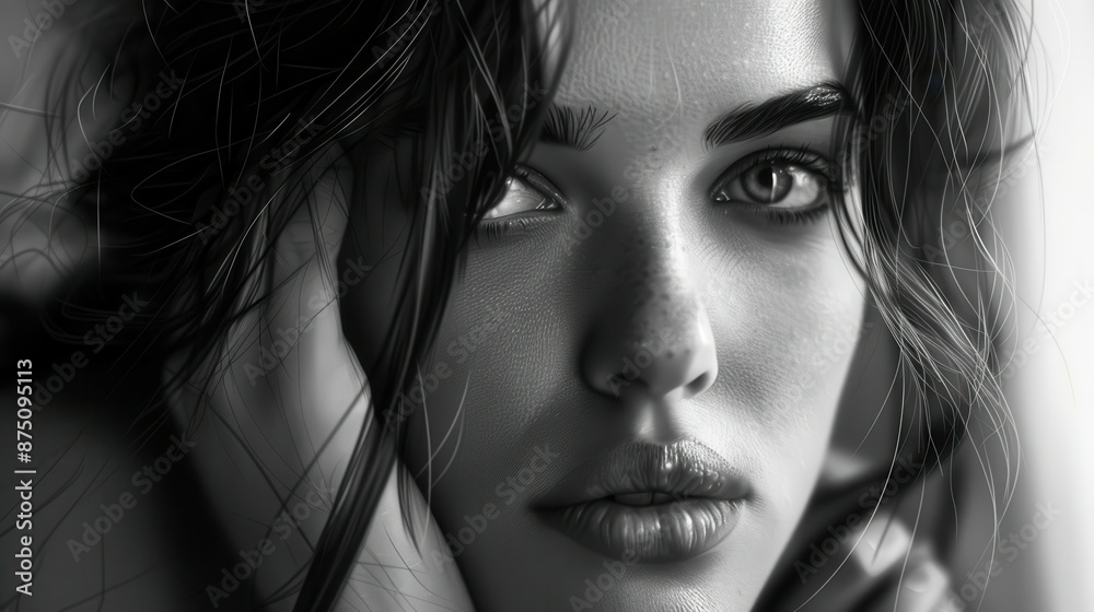 Portrait of a woman with a pensive expression on her face, black and white drawing Portrait of a woman with a pensive expression on her face, black and white drawing