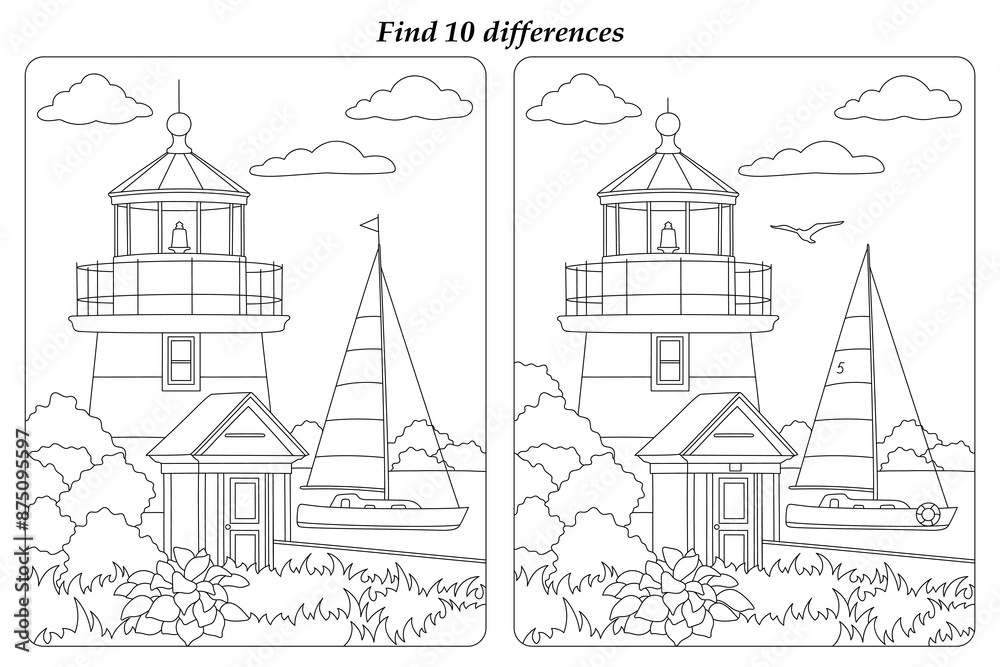 Obraz premium Find 10 differences. Coloring. Lighthouse and sailboat. Vector image.