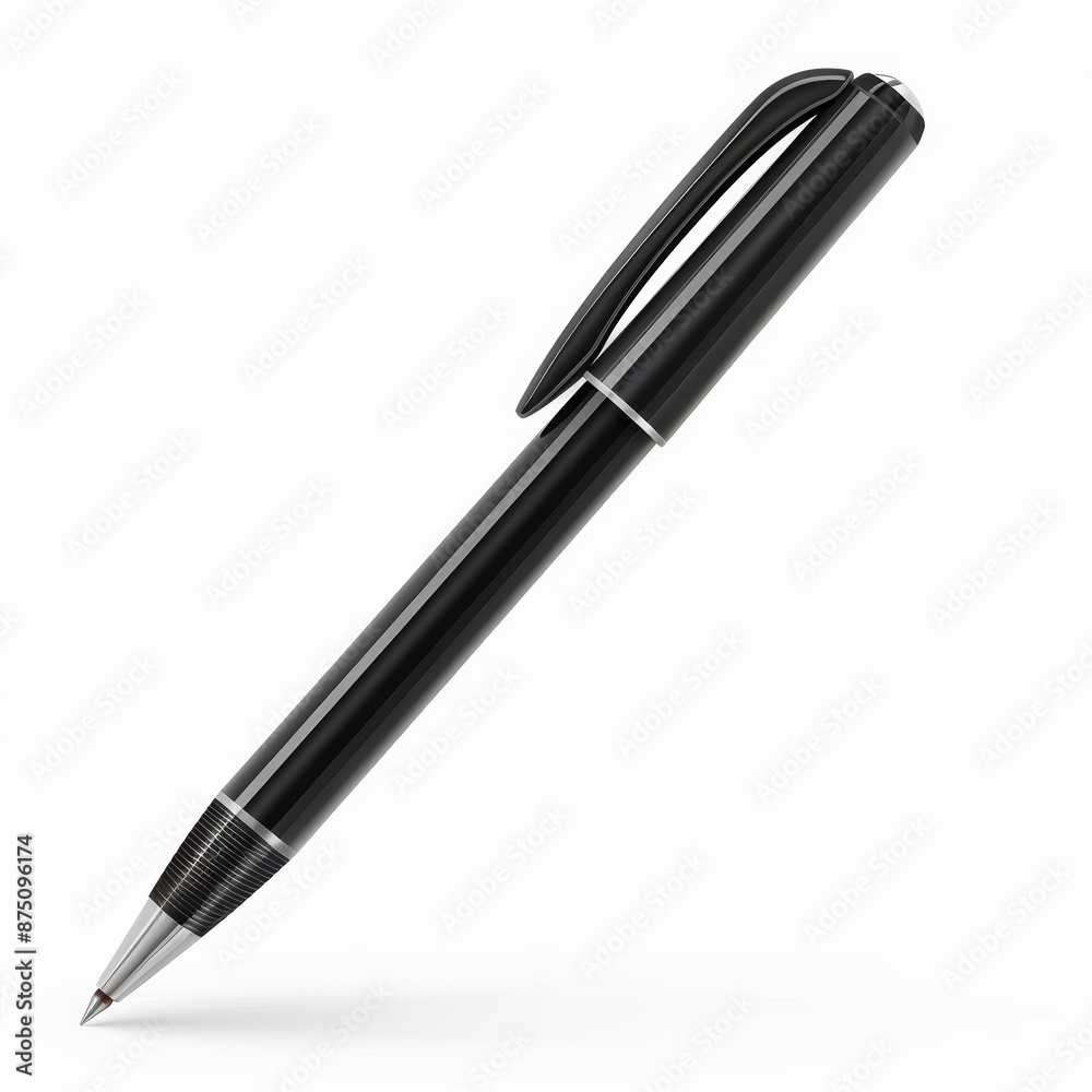 A sleek, black pen isolated on a white background. The pen has a silver trim and a smooth, glossy finish. A sleek, black pen isolated on a white background. The pen has a silver trim and a smooth, glossy finish.