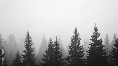 Abstract minimalistic nature background with a foggy forest silhouette against a grey sky.