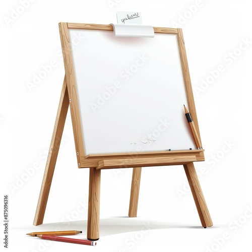 A wooden easel with a blank white board, pencils and a paperclip.