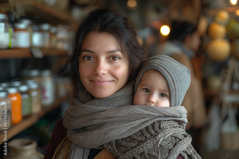 Smiling mother holding her baby in a cozy store setting, surrounded by warm lighting and inviting decor, perfect for capturing moments of love, family, and warmth Smiling mother holding her baby in a cozy store setting, surrounded by warm lighting and inviting decor, perfect for capturing moments of love, family, and warmth
