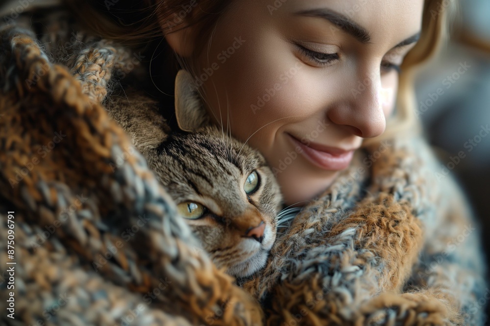 Woman snuggling with a contented cat wrapped in a cozy blanket, creating a warm and intimate atmosphere, perfect for themes of comfort, relaxation, and companionship Woman snuggling with a contented cat wrapped in a cozy blanket, creating a warm and intimate atmosphere, perfect for themes of comfort, relaxation, and companionship