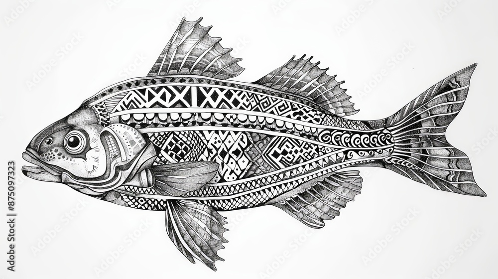 black and white illustration of barracuda fish with fully tribal style illustration