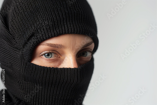 Close-up of a woman wearing a black knit balaklava, emphasizing her piercing blue eyes against a neutral background.