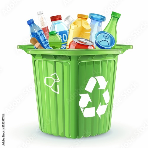 Green recycling bin filled with plastic bottles, cans and other recyclable materials. photo