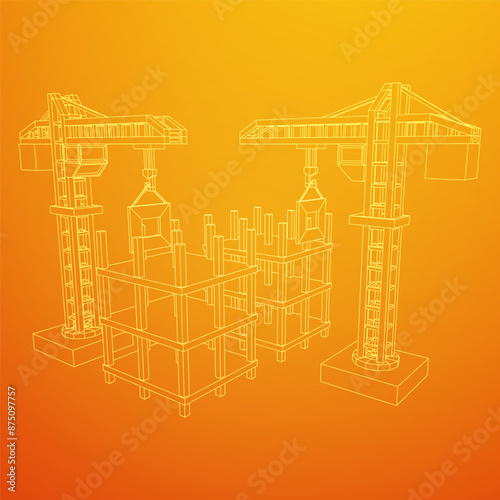 Construction crane tower. Building under construction industrial concept. Wireframe low poly mesh vector illustration.