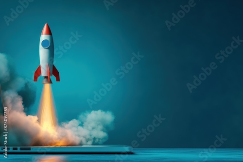 A photo of a rocket taking off from a laptop screen against a blue background. Space travel concept.