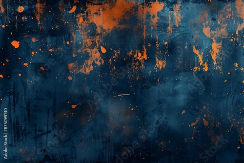 Abstract blue and orange background with grunge texture, featuring dark tones and paint splashes for a modern art feel.