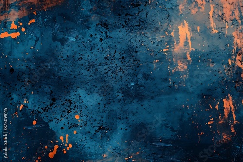Abstract blue and orange background with grunge texture, featuring dark tones and paint splashes for a modern art feel.
