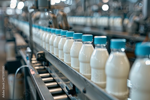A production line filling milk bottles at a dairy product factory