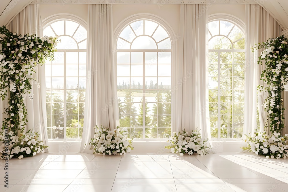 Background wedding with floral and view outside from windown generative AI Background wedding with floral and view outside from windown generative AI